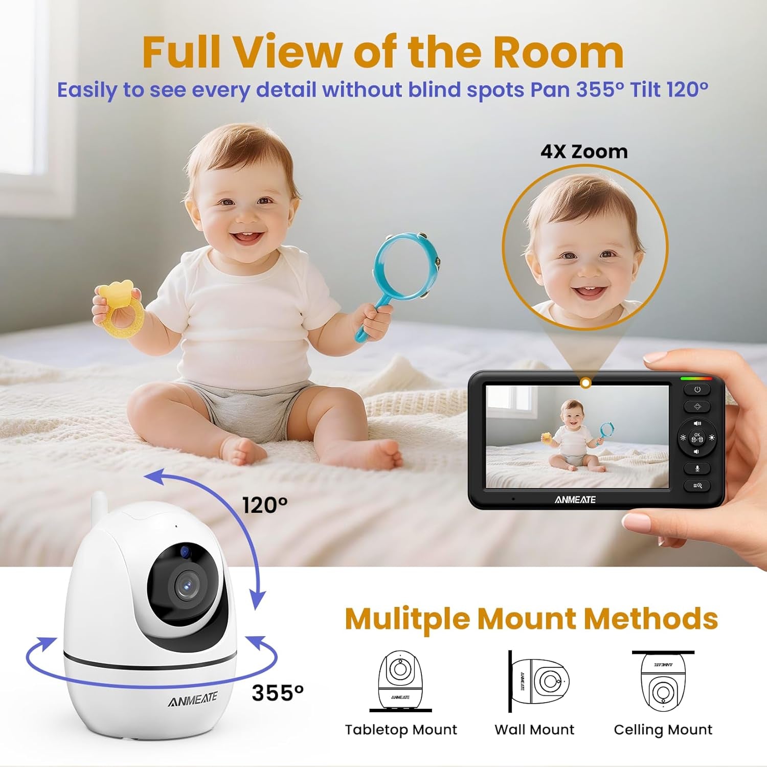 Baby Monitor with Remote Pan-Tilt-Zoom Camera, 3.5” Large Display Video Baby Monitor with Camera and Audio |Infrared Night Vision |Two Way Talk | Room Temperature| Lullabies and 960Ft Range